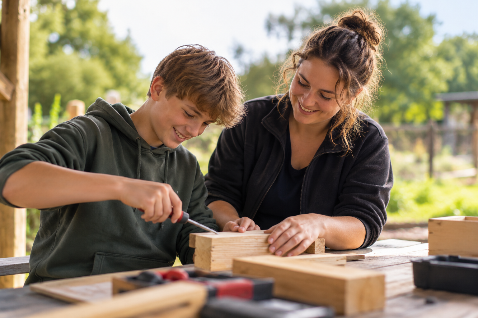 Jongere werkt met begeleiding aan een houtproject