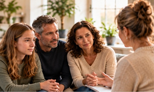 Gezin in gesprek tijdens begeleiding