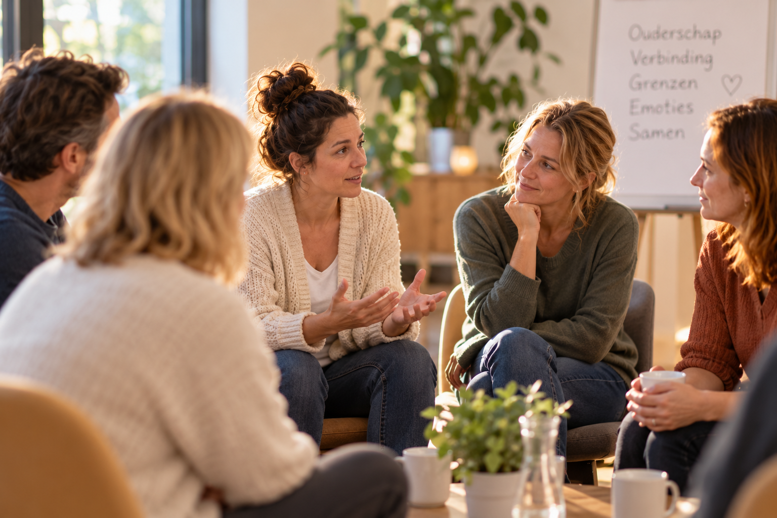 Ouders wisselen ervaringen uit tijdens een warme en ondersteunende ouderbijeenkomst